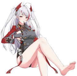 Rule 34 | 1girl, absurdres, azur lane, barefoot, breasts, crossed legs, feet, finger to mouth, highres, long hair, looking at viewer, mole, mole on breast, prinz eugen (azur lane), red eyes, silver hair, simple background, soles, thighs, toes, twintails, white background