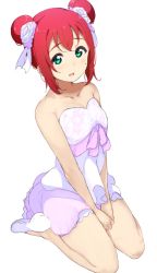Rule 34 | 1girl, alternate hairstyle, aqua eyes, bad id, bad pixiv id, blush, clenched hands, collarbone, double bun, dress, flower, hair bun, hair flower, hair ornament, hair ribbon, hands on lap, highres, icehotmilktea, kurosawa ruby, light blush, looking at viewer, love live!, love live! school idol festival, love live! sunshine!!, open mouth, red hair, ribbon, rose, simple background, sitting, solo, strapless, strapless dress, wariza, white background, white flower, white footwear, white ribbon, white rose