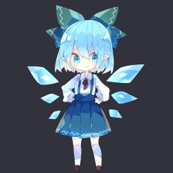 Rule 34 | + +, 1girl, black background, blue eyes, blue hair, blue skirt, blush stickers, bow, chibi, cirno, commentary request, detached wings, full body, green bow, hair bow, hands on own hips, highres, ice, ice wings, long sleeves, looking at viewer, neck ribbon, nikorashi-ka, pleated skirt, pointy ears, red ribbon, ribbon, shirt, short hair, simple background, skirt, smile, solo, suspender skirt, suspenders, touhou, white legwear, white shirt, wings