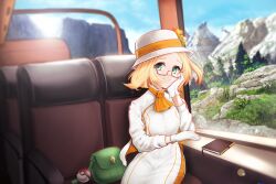 Rule 34 | 1girl, absurdres, alternate costume, arm support, ascot, bag, bianca (pokemon), blonde hair, book, castyx, commission, creatures (company), flower, game freak, glasses, gloves, green eyes, hat, hat flower, highres, looking at viewer, mountain, nintendo, orange ascot, poke ball, poke ball (basic), pokemon, pokemon bw2, red-framed eyewear, smile, solo, tree, white gloves, white hat, window