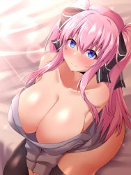 Rule 34 | 1girl, absurdres, bare shoulders, black ribbon, black thighhighs, blue eyes, blush, breasts, cleavage, closed mouth, collarbone, from above, grey sweater, hair ribbon, highres, huge breasts, light smile, long hair, long sleeves, looking at viewer, off-shoulder sweater, off shoulder, original, pink hair, ribbon, shishido sakurai, sitting, smile, solo, sweater, thighhighs, twintails