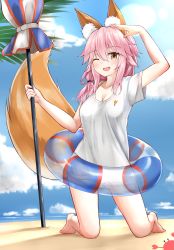 Rule 34 | 10s, 1girl, absurdres, animal ear fluff, animal ears, arm up, beach umbrella, blush, breasts, brown eyes, cleavage, closed umbrella, covered navel, fate/extra, fate/grand order, fate (series), fox ears, fox tail, highres, kneeling, long hair, looking at viewer, moyoron, one eye closed, open mouth, pink hair, see-through, shirt, smile, solo, t-shirt, tail, tamamo (fate), tamamo no mae (fate/extra), tamamo no mae (swimsuit lancer) (fate), tamamo no mae (swimsuit lancer) (first ascension) (fate), umbrella