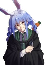 Rule 34 | 1girl, animal ear fluff, animal ears, black robe, blue hair, braid, carrot hair ornament, closed mouth, collared shirt, food-themed hair ornament, green necktie, grylls kuma, hair ornament, hand up, harry potter (series), hikimayu, hogwarts legacy, hogwarts school uniform, holding, holding wand, hololive, hood, hood down, hooded robe, long hair, long sleeves, looking at viewer, multicolored hair, necktie, rabbit ears, robe, school uniform, shirt, simple background, slytherin, solo, twin braids, upper body, usada pekora, virtual youtuber, wand, white background, white hair, white shirt, wizarding world, yellow eyes