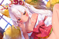 Rule 34 | 1girl, :&lt;, animal ear fluff, animal ears, bare shoulders, breasts, breasts out, commentary request, facial mark, fingernails, flower, fox ears, fox girl, fox tail, hair flower, hair ornament, hakama, hakama skirt, indoors, japanese clothes, long hair, looking at viewer, miko, mutou mato, nail polish, nipples, no bra, no panties, off shoulder, open clothes, original, red hakama, red nails, silver hair, skirt, small breasts, solo, tail, whisker markings, window, yellow eyes