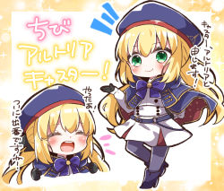 Rule 34 | 1girl, :d, ^ ^, artoria caster (fate), artoria caster (second ascension) (fate), artoria pendragon (fate), beret, black footwear, black gloves, blonde hair, blouse, blue bow, blue cape, blue headwear, blush, boots, bow, cape, chibi, closed eyes, closed mouth, commentary request, cropped torso, fate/grand order, fate (series), gloves, green eyes, grey pantyhose, hair between eyes, hand on own hip, hand up, hat, high heel boots, high heels, highres, hood, hood down, hooded cape, jako (jakoo21), long hair, long sleeves, looking at viewer, multicolored cape, multicolored clothes, multiple views, notice lines, open mouth, pantyhose, pleated skirt, purple bow, red cape, shirt, skirt, sleeves past wrists, smile, standing, standing on one leg, teeth, translation request, twintails, upper teeth only, very long hair, white shirt, white skirt