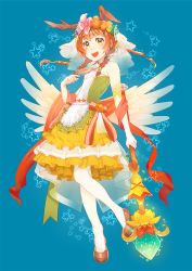 Rule 34 | 1girl, :d, armlet, bare shoulders, braid, brown eyes, brown footwear, brown hair, commentary request, flower, frilled skirt, frills, full body, hair flower, hair ornament, hand up, head wreath, highres, holding, looking at viewer, magical girl, mika pikazo, open mouth, original, pantyhose, red ribbon, red scarf, ribbon, scarf, shoes, skirt, smile, solo, twin braids, white pantyhose, wings, yellow skirt