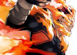 Rule 34 | 10s, 1boy, angry, beard, bodysuit, boku no hero academia, clenched hand, clenched teeth, determined, empty eyes, endeavor (boku no hero academia), facial hair, fiery hair, fingerless gloves, fire, gloves, hand up, highres, incoming attack, incoming punch, male focus, manly, muscular, mustache, nose, parted lips, punching, red hair, serious, simple background, solo, spiked hair, superhero costume, teeth, upper body, white background, yoshio (55level)