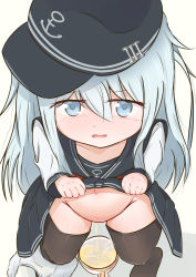Rule 34 | 1girl, black headwear, black skirt, black thighhighs, blue eyes, blush, clothes lift, collarbone, cup, from above, hat, hibiki (kancolle), highres, holding, kantai collection, long hair, looking at viewer, looking up, navel, neckerchief, no pussy, open mouth, panties, panties around leg, pee stain, peeing, peeing in cup, red neckerchief, shirt, short sleeves, silver hair, skirt, skirt lift, stained panties, standing, thighhighs, underwear, wet, wet clothes, wet panties, white background, white panties, white shirt