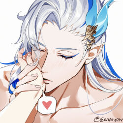 Rule 34 | 1boy, 1other, artist name, asymmetrical bangs, blue eyeliner, blue hair, blush, closed eyes, collarbone, commentary, english commentary, eriimyon, eyelashes, eyeliner, genshin impact, hair between eyes, hair ornament, hand up, heart, highres, holding another&#039;s wrist, kiss, kissing hand, long hair, makeup, male focus, multicolored hair, neuvillette (genshin impact), parted bangs, parted lips, pointy ears, pov, simple background, solo focus, speech bubble, spoken heart, streaked hair, twitter username, upper body, white background, white hair