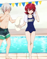 Rule 34 | 1boy, 1girl, barefoot, blush, breasts, closed eyes, grey hair, iria animi, lips, open mouth, red eyes, red hair, ruca milda, short hair, swimsuit, tales of (series), tales of innocence, topless, towel, trunks, water