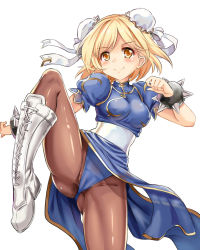 Rule 34 | 1girl, blonde hair, blue dress, blush, boots, bracelet, brown pantyhose, bun cover, cameltoe, capcom, china dress, chinese clothes, chun-li, chun-li (cosplay), cleft of venus, cosplay, cross-laced footwear, crotch, djeeta (granblue fantasy), double bun, dress, granblue fantasy, groin, hair bun, highres, jewelry, lace-up boots, leg lift, pantyhose, pelvic curtain, puffy short sleeves, puffy sleeves, sash, short hair, short sleeves, side slit, simple background, smile, solo, spiked bracelet, spikes, street fighter, unname, white background, white footwear, yellow eyes