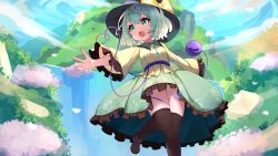Rule 34 | 1girl, :o, black footwear, black hat, black thighhighs, blush, bow, cho kagaku no rei kyoju, day, floral print, frilled sleeves, frills, from below, green eyes, green hair, green skirt, hair between eyes, hat, hat bow, heart, highres, komeiji koishi, long sleeves, open mouth, outdoors, outstretched arms, petals, shirt, short hair, skirt, sky, solo, thighhighs, third eye, touhou, underwear, wide sleeves, yellow bow, yellow shirt