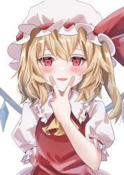 Rule 34 | 1girl, absurdres, arm behind back, ascot, blonde hair, blush, breasts, collared shirt, crystal, fang, flandre scarlet, frilled shirt collar, frilled sleeves, frills, hat, hat ribbon, highres, looking at viewer, medium hair, mob cap, open mouth, puffy short sleeves, puffy sleeves, ramiki, red eyes, red ribbon, red vest, ribbon, shirt, short sleeves, side ponytail, simple background, skin fang, small breasts, solo, touhou, upper body, v, vest, white background, white hat, white shirt, wings, yellow ascot