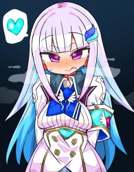 Rule 34 | 1girl, :q, armband, arms behind back, blue hair, blush, breasts, commentary request, hair ornament, hairclip, heart, jacket, kanikama, lize helesta, long hair, looking at viewer, medium breasts, multicolored hair, nijisanji, purple eyes, solo, speech bubble, steam, sweat, tongue, tongue out, virtual youtuber, white jacket