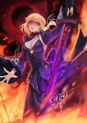Rule 34 | 1girl, absurdres, artoria pendragon (all), artoria pendragon (fate), blonde hair, braid, braided bun, breasts, cleavage, excalibur morgan (fate), fate/stay night, fate (series), floating hair, hair bun, highres, holding, holding sword, holding weapon, kuro (ning2763), long skirt, long sleeves, looking at viewer, medium breasts, outstretched hand, parted lips, pixiv fate/grand order contest 2, print shirt, print sleeves, purple shirt, purple skirt, purple sleeves, saber alter, shirt, shrug (clothing), sideboob, skirt, sleeveless, sleeveless shirt, smile, solo, standing, sword, weapon, wide sleeves, yellow eyes