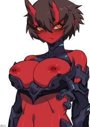 Rule 34 | 1girl, bare shoulders, black hair, breasts, breasts out, closed mouth, colored skin, elbow gloves, framed breasts, gloves, hair between eyes, horns, kidouko (zakusi), large breasts, looking at viewer, navel, nipples, oni, oni horns, orange eyes, original, pointy ears, red oni, red skin, short hair, signature, simple background, solo, thick eyebrows, upper body, white background, zakusi