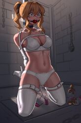 Rule 34 | 1girl, absurdres, arms behind back, ball gag, bare shoulders, bdsm, black bow, black choker, blonde hair, blue eyes, bondage, bound, bow, bra, breasts, chain, choker, commentary, commission, english commentary, gag, gagged, genshin impact, hair between eyes, hair bow, harris hero, high heels, highres, in cell, indoors, jean (genshin impact), large breasts, long hair, navel, panties, pole, ponytail, pussy juice, scared, second-party source, sex toy, sidelocks, solo, stomach, tears, thighhighs, thighs, underwear, underwear only, vibrator, wet, wet clothes, wet panties, white bra, white footwear, white panties, white thighhighs
