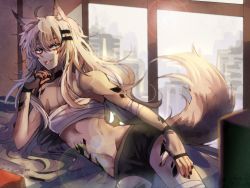 Rule 34 | 1girl, animal ear fluff, animal ears, arknights, bandaged arm, bandages, bare shoulders, breasts, chest sarashi, day, facial mark, fingerless gloves, food, gloves, grey eyes, hair between eyes, hair ornament, hairclip, highres, indoors, lappland (arknights), lens flare, long hair, looking at viewer, lying, material growth, navel, nga (ray ray), on side, originium (arknights), oripathy lesion (arknights), pocky, sarashi, short shorts, shorts, silver hair, slit pupils, small breasts, smile, solo, tail, toned, tongue, tongue out, very long hair, wolf ears, wolf girl, wolf tail