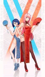 Rule 34 | 10s, 2girls, ass, backless dress, backless outfit, bare shoulders, black panties, blue dress, blue eyes, blue footwear, blue hair, breasts, china dress, chinese clothes, darling in the franxx, dress, fishnet legwear, fishnets, folding fan, full body, garter belt, garter straps, green eyes, hair ornament, hairband, hairclip, hand fan, hand on own hip, high heels, highres, holding, holding fan, horns, ichigo (darling in the franxx), lingerie, long hair, looking at viewer, medium breasts, multiple girls, panties, pink hair, red dress, red footwear, shoes, short hair, side slit, sleeveless, sleeveless dress, small breasts, soma (pixiv 7288273), standing, stiletto heels, striped clothes, striped legwear, striped thighhighs, thighhighs, underwear, vertical-striped clothes, vertical-striped legwear, vertical-striped thighhighs, white hairband, white legwear, zero two (darling in the franxx)