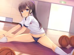 Rule 34 | 1girl, ball, basketball, basketball (object), blue eyes, blurry, blurry background, blurry foreground, brown hair, commentary request, depth of field, gym uniform, hair ornament, hair scrunchie, hairclip, kneehighs, long hair, looking at viewer, on floor, original, parted lips, ponytail, reflection, scrunchie, sitting, socks, solo, split, stretching, white socks, wooden floor, yokaze japan