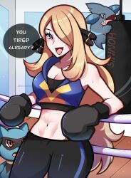 Rule 34 | 1girl, :d, abs, absurdres, alternate costume, alternate eye color, black pants, blonde hair, blue eyes, boxing gloves, boxing ring, breasts, collarbone, creatures (company), cynthia (pokemon), english text, game freak, gen 4 pokemon, gible, hair over one eye, highres, large breasts, leaning back, long hair, looking at viewer, midriff, navel, nintendo, open mouth, pants, pokemon, pokemon (creature), pokemon dppt, punching bag, riolu, rope, smile, speech bubble, sports bra, stomach, sweat, touyarokii, very long hair, workout clothes, yoga pants