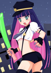 Rule 34 | 10s, 1girl, badge, blush, breasts, dildo, female focus, green eyes, hat, image sample, kay, kay (utd), long hair, multicolored hair, nail polish, navel, open mouth, outdoors, panty &amp; stocking with garterbelt, pixiv sample, police, police uniform, resized, sex toy, shorts, sky, solo, stocking (psg), thighhighs, two-tone hair, uniform, very long hair