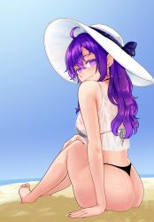 Rule 34 | 1girl, absurdres, arm support, ass, bare arms, bare legs, barefoot, beach, beifeng han, bikini, black bikini, blue sky, blush, breasts, commentary request, cowlick, earrings, glowing, glowing eyes, hair between eyes, halterneck, hat, highres, jewelry, long hair, looking at viewer, looking back, medium breasts, miyaura sanshio, ocean, original, outdoors, pearl earrings, purple eyes, sand, see-through, shirt, sidelocks, sky, sleeveless, smile, solo, sun hat, swimsuit, tank top, thong, thong bikini, wet, wet clothes, wet shirt, white hat, white tank top