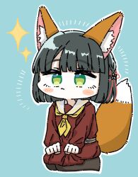 Rule 34 | 1girl, :&lt;, animal ears, black hair, black pantyhose, blue background, blunt bangs, blunt ends, blush stickers, brown dress, closed mouth, commentary, deformed, dress, emphasis lines, flower, flower knot, fox ears, fox girl, fox tail, full body, green eyes, hair flower, hair ornament, hands on lap, hasu no sora school uniform, highres, link! like! love live!, long sleeves, love live!, medium dress, momose ginko, neckerchief, no shoes, outline, pantyhose, pleated dress, puripuri hurai, sailor collar, sailor dress, school uniform, seiza, short hair, sitting, solo, sparkle, tail, virtual youtuber, white outline, white sailor collar, winter uniform, yellow neckerchief