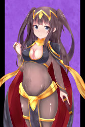 Rule 34 | 1girl, areola slip, bad id, bad pixiv id, black hair, blue eyes, blunt bangs, bodysuit, book, bracelet, breasts, bridal gauntlets, cape, choker, circlet, cleavage, cleavage cutout, clenched hand, clothing cutout, covered navel, cowboy shot, fire emblem, fire emblem awakening, grimoire, groin, highres, holding, holding book, jewelry, light smile, loincloth, long hair, looking at viewer, neck ring, nintendo, nora (gurimu000), pelvic curtain, pillarboxed, purple background, see-through, sidelocks, simple background, smile, solo, standing, tharja (fire emblem), thighlet, tiara, two side up, very long hair