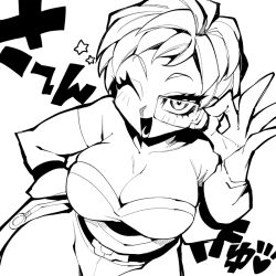 Rule 34 | 1girl, armor, bag, belt, breasts, cheelai, cleavage, commentary request, dragon ball, dragon ball super, dragon ball super broly, gloves, hand on own hip, haseko123, hatching (texture), heart, large breasts, looking at viewer, monochrome, ok sign, one eye closed, open mouth, pixie cut, scouter, short hair, short sleeves, smile, solo, star (symbol), translation request, wide hips