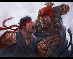 Rule 34 | 2boys, battle, beads, black hair, boyaking, capcom, clenched hand, clenched hands, dougi, evil ryu, glowing, glowing eyes, akuma (street fighter), headband, jewelry, letterboxed, manly, multiple boys, necklace, open mouth, prayer beads, red hair, ryu (street fighter), short hair, street fighter, topknot