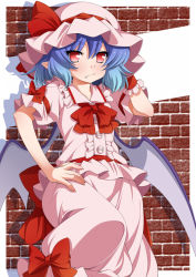 Rule 34 | 1girl, bat wings, blue hair, blush, bow, eichi yuu, fang, hand on own hip, hat, hat ribbon, highres, looking at viewer, mob cap, red bow, red eyes, red ribbon, remilia scarlet, ribbon, short hair, short sleeves, solo, touhou, wings, wrist cuffs