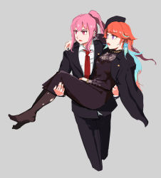Rule 34 | 2girls, absurdres, black dress, carrying, commentary, dress, english commentary, formal, grey background, highres, hololive, hololive english, jacket, jacket on shoulders, mafia, mori calliope, multiple girls, open mouth, orange hair, pink eyes, pink hair, ponytail, princess carry, purple eyes, running, suit, takanashi kiara, textless version, torn clothes, torn legwear, vincent wu, virtual youtuber, yuri