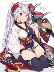 Rule 34 | 1girl, :q, antenna hair, arm support, azur lane, black choker, black panties, black thighhighs, blush, breasts, brown eyes, cannon, checkered sash, chobi (penguin paradise), choker, cleavage, closed mouth, collarbone, commentary request, cross, cross choker, crown, dango, floral print, food, fur, grey hair, hair between eyes, head tilt, headgear, highres, holding, holding food, iron cross, japanese clothes, kimono, large breasts, long hair, long sleeves, looking at viewer, lowleg, lying, machinery, mole, mole on breast, multicolored hair, new year, obi, obijime, orange eyes, panties, parted bangs, pelvic curtain, print kimono, prinz eugen (azur lane), prinz eugen (profusion of flowers) (azur lane), red eyes, red footwear, red hair, rigging, sandals, unworn sandals, sash, shawl, shoes, unworn shoes, side-tie panties, sideboob, simple background, sitting, smile, solo, streaked hair, swept bangs, thighhighs, thighs, tongue, tongue out, turret, two side up, underwear, wagashi, wariza, white background, wide sleeves