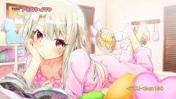 Rule 34 | 1girl, arm support, barefoot, book, bun150, end card, fate/kaleid liner prisma illya, fate (series), feet, hand on own cheek, hand on own face, highres, illyasviel von einzbern, long hair, lying, official art, official wallpaper, on stomach, open book, pajamas, prisma illya, reading, red eyes, screencap, silver hair, smile, solo, wallpaper