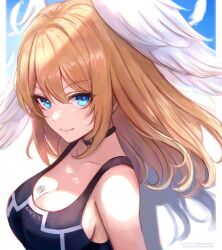 Rule 34 | 1girl, bare shoulders, black bodysuit, black choker, blonde hair, blue eyes, bodysuit, breast tattoo, breasts, brown hair, choker, cleavage, closed mouth, collarbone, commentary, eunie (xenoblade), feathered wings, hair between eyes, head wings, large breasts, leonmandala, long hair, looking at viewer, looking to the side, simple background, smile, solo, tattoo, upper body, white wings, wings, xenoblade chronicles (series), xenoblade chronicles 3