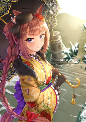 Rule 34 | 1girl, absurdres, alternate costume, alternate hairstyle, animal ears, black umbrella, blurry, blush, braid, brown hair, fritz614, hair ornament, hair rings, hat, highres, holding, holding umbrella, horse ears, horse girl, horse tail, japanese clothes, kimono, lens flare, long hair, looking at viewer, mountain, purple eyes, sky, solo, stairs, sun, sweep tosho (umamusume), sweep tosho (whimsical scenery) (umamusume), tail, umamusume, umbrella