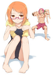 Rule 34 | 10s, 1girl, 2boys, :d, ^ ^, abs, bad id, bad pixiv id, barefoot, closed eyes, competition school swimsuit, closed eyes, falsetto (suite precure), glasses, minamino souta, minatsuki randoseru, multiple boys, muscular, one-piece swimsuit, open mouth, orange eyes, orange hair, pink hair, precure, school swimsuit, shirabe ako, topless male, shorts, sitting, smile, suite precure, swimsuit, towel, towel around neck, white background