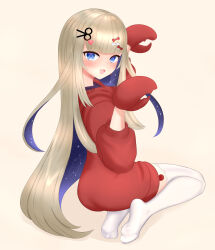 Rule 34 | 1girl, absurdres, amanogawa shiina, amanogawa shiina (2nd costume), animal hands, blonde hair, blue eyes, blue hair, blush, bow, colored inner hair, constellation, crab claw, hair bow, hair ornament, heart, heart hair ornament, highres, hood, hood down, hoodie, kneeling, long hair, multicolored hair, open mouth, phase connect, red bow, red hoodie, scissors hair ornament, snowbroke, solo, thighhighs, very long hair, virtual youtuber, white bow, white thighhighs