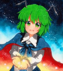 Rule 34 | 1girl, antennae, bad id, bad pixiv id, blue background, blue cape, buttons, cape, collared shirt, cowboy shot, dress shirt, fireflies, gradient background, green eyes, green hair, long sleeves, looking at viewer, open mouth, qqqrinkappp, shikishi, shirt, short hair, solo, touhou, traditional media, white shirt, wriggle nightbug