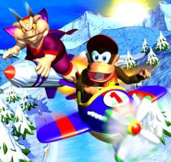 Rule 34 | aircraft, airplane, diddy kong, diddy kong racing, donkey kong (series), forest, lowres, monkey, mountain, nature, nintendo, official art, rareware, rocket, snow, tree, valley, wizpig