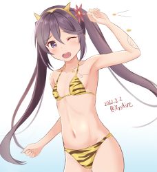 Rule 34 | 1girl, akebono (kancolle), ame-san, animal print, armpits, bare arms, bikini, breasts, collarbone, commentary request, dated, flower, gradient background, hair between eyes, hair flower, hair ornament, highres, kantai collection, long hair, mamemaki, navel, one eye closed, open mouth, print bikini, purple eyes, purple hair, small breasts, solo, standing, stomach, swimsuit, teeth, tiger print, tiger stripes, twintails, twitter username, upper teeth only, yellow bikini