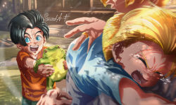 Rule 34 | 1girl, 2boys, aged down, android 17, android 18, animal, black hair, blonde hair, blue eyes, brother and sister, child, closed eyes, commentary, crying, dragon ball, dragonball z, earrings, english commentary, father and daughter, father and son, frog, highres, holding, holding animal, jewelry, multiple boys, open mouth, orange shirt, sarulart, shirt, siblings, signature, smile, stud earrings, tears