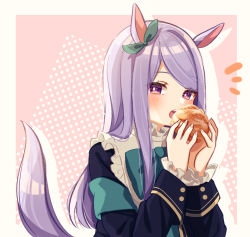 Rule 34 | 1girl, absurdres, animal ears, black jacket, blush, bow, commentary request, drop shadow, ear ribbon, food, frilled sleeves, frills, green bow, green ribbon, hands up, highres, holding, holding food, horse ears, horse girl, horse tail, hyakucha, jacket, long hair, long sleeves, looking at viewer, mejiro mcqueen (umamusume), nail polish, notice lines, open mouth, pink background, pink nails, polka dot, polka dot background, purple eyes, purple hair, ribbon, sleeves past wrists, solo, swept bangs, tail, tail raised, teeth, two-tone background, umamusume, upper teeth only, very long hair, white background
