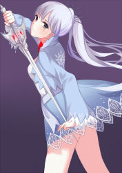 Rule 34 | 1girl, blue dress, blue eyes, dress, earrings, highres, holding, holding sword, holding weapon, itachi kanade, jewelry, long hair, ponytail, rwby, scar, scar across eye, scar on face, solo, sword, weapon, weiss schnee, white hair