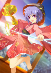 Rule 34 | 1girl, bare legs, barefoot, bowl, cloud, crescent, dutch angle, floral print, japanese clothes, kimono, leaf, leg up, light purple hair, long sleeves, looking at viewer, mallet, maple leaf, mini person, minigirl, miracle mallet, needle, obi, open mouth, petticoat, red eyes, sash, short hair, short kimono, solo, sukuna shinmyoumaru, touhou, twilight, wide sleeves, window, zb (dawn-blue)