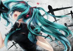 Rule 34 | 1girl, aircraft, airplane, bomber, breasts, female focus, gloves, green eyes, green hair, hatsune miku, headset, heart, koi wa sensou (vocaloid), long hair, matching hair/eyes, medium breasts, megaphone, military, military vehicle, necktie, partially colored, solo, tears, torn clothes, twintails, vocaloid, yukihomu