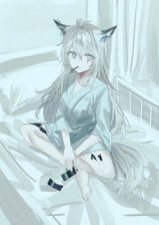Rule 34 | 1girl, absurdres, animal ear fluff, animal ears, arknights, barefoot, blue eyes, chihuri, collarbone, commentary request, crossed legs, curtains, food, food in mouth, grey hair, hair between eyes, hair ornament, hairclip, highres, indoors, lappland (arknights), long hair, material growth, mouth hold, on bed, oripathy lesion (arknights), pillow, pocky, sitting, soles, solo, tail, unworn hair ornament, unworn hairclip, very long hair