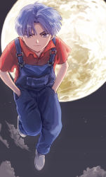 Rule 34 | 1boy, boku no chikyuu o mamotte, closed mouth, cloud, etomina, floating, full body, full moon, hands in pockets, highres, kobayashi rin, looking at viewer, moon, night, night sky, overalls, parted bangs, purple eyes, purple hair, red shirt, shirt, shoes, sky, solo, white footwear