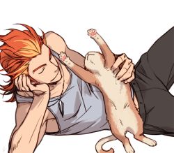 Rule 34 | 10s, 1boy, akai suzaku, arm support, bad id, bad pixiv id, cat, closed eyes, hand on own cheek, hand on own face, idolmaster, idolmaster side-m, iwa (iwa000ima), jewelry, lying, male focus, multicolored hair, necklace, nyako (idolmaster), on side, pants, red hair, sideburns, simple background, smile, stretching, sweatpants, tank top, two-tone hair, white background